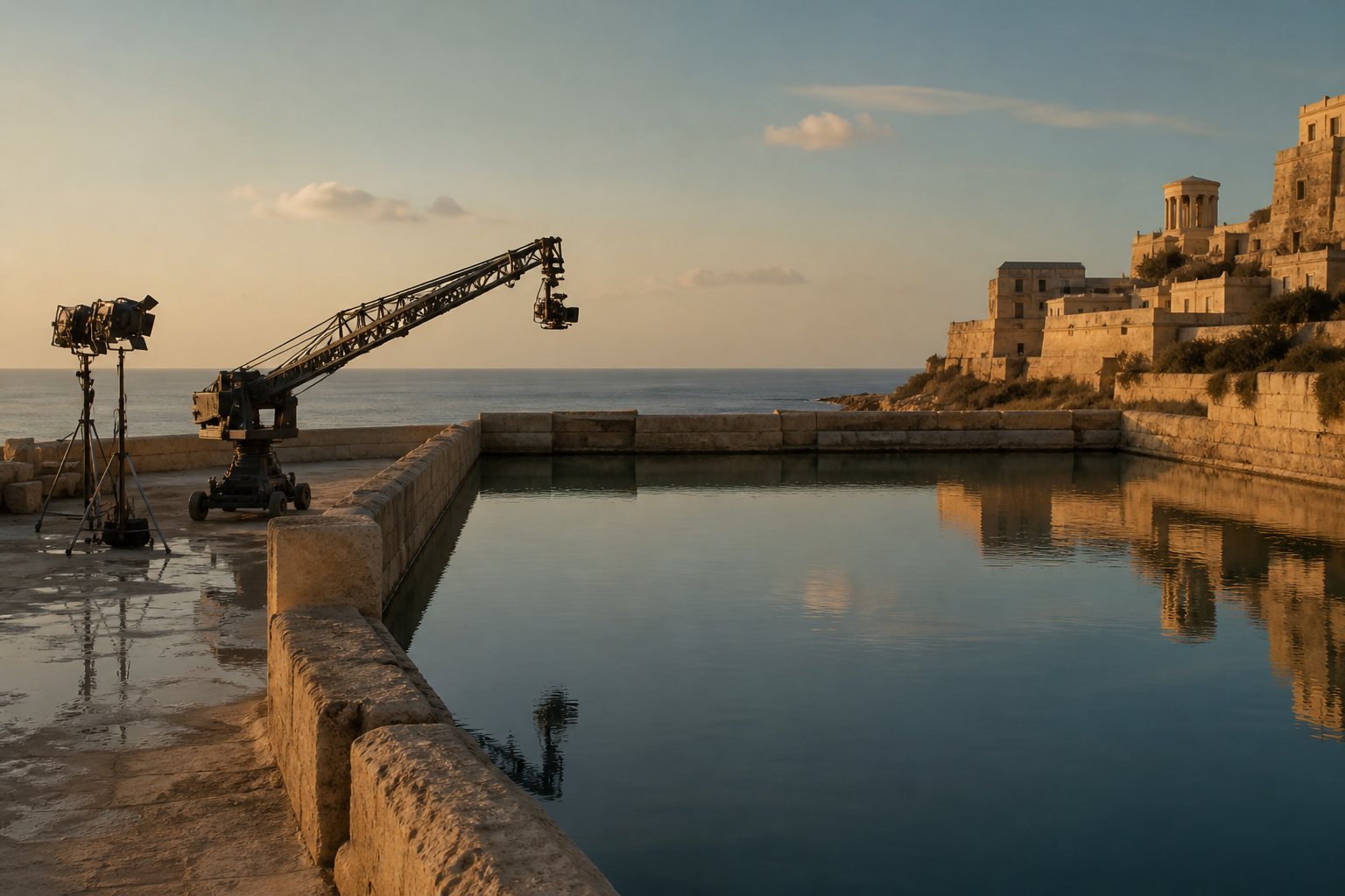 Stor vattentank för filminspelning vid havet på Malta i kvällsljus